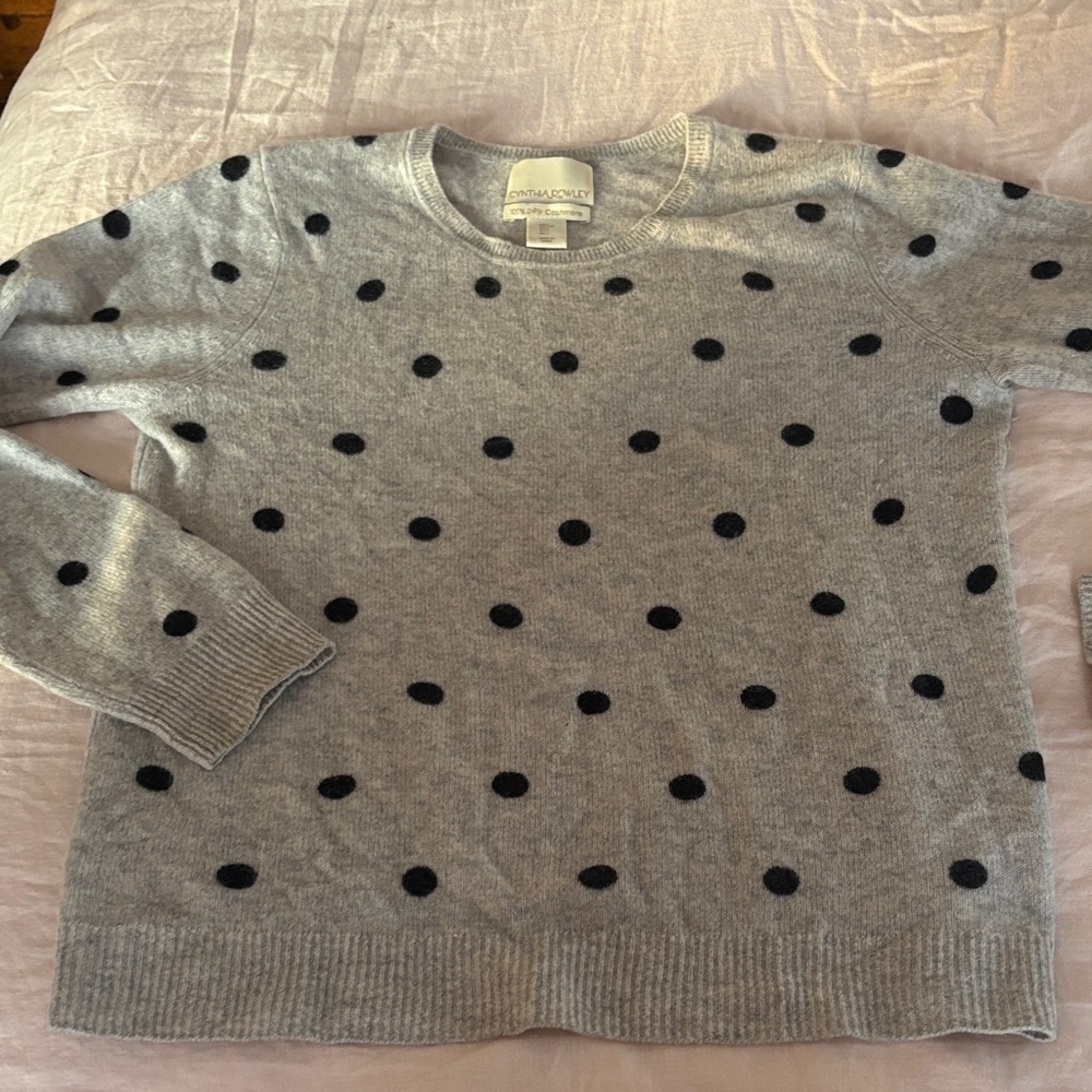 Cynthia Rowley Light Gray Black Polka Dot Sweater cashmere large crew neck Grey - Picture 9 of 9